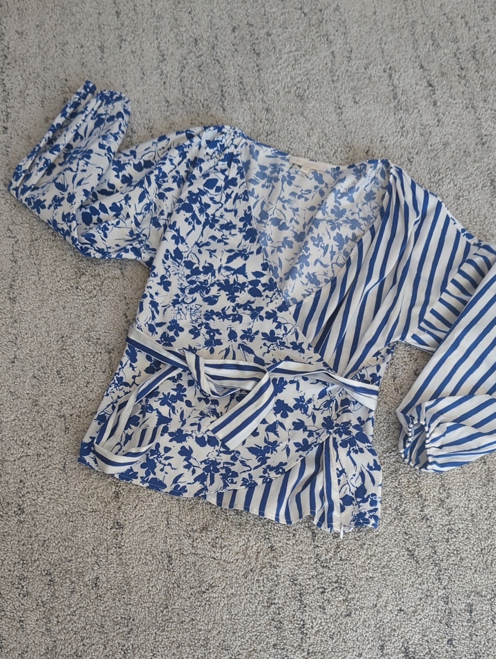 Etcetera Blue & White Mixed-Print Wrap Blouse